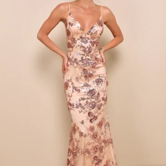 NWOT Lulus Shine Language Rose Gold Sequin Mermaid Maxi Dress - Picture 2 of 7